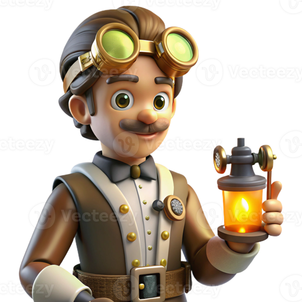 3D Cartoon Inventor with Lantern A playful 3D model of a cartoon inventor with a lantern, showcasing their adventurous spirit and love for exploration. png