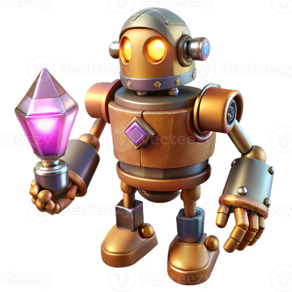 Steampunk Robot Adorned with a Precious Gem and Intricate Gears png
