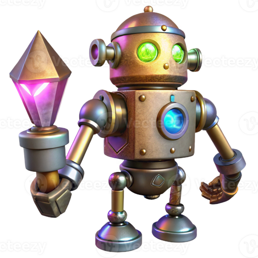 Steampunk Robot with a Crystal in a Creative Three Dimensional Scene of Design png