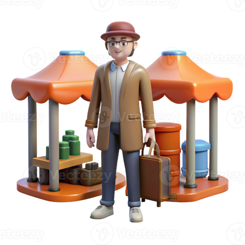 Three Dimensional Render Market Vendor with Goods in a Whimsical Scene of Commerce png