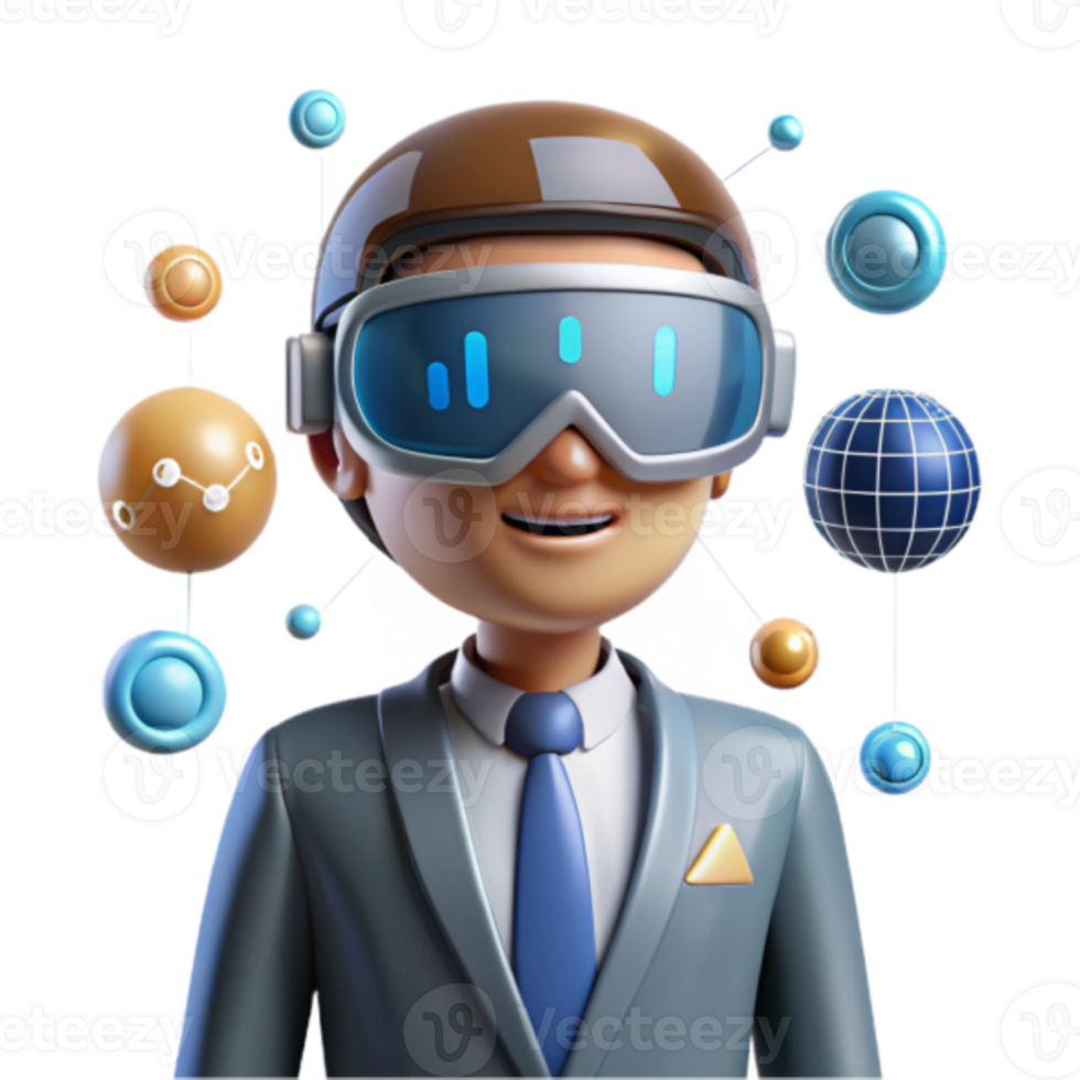 3D Illustration Businessman Virtual Reality Goggles Global Network Data Analytics png