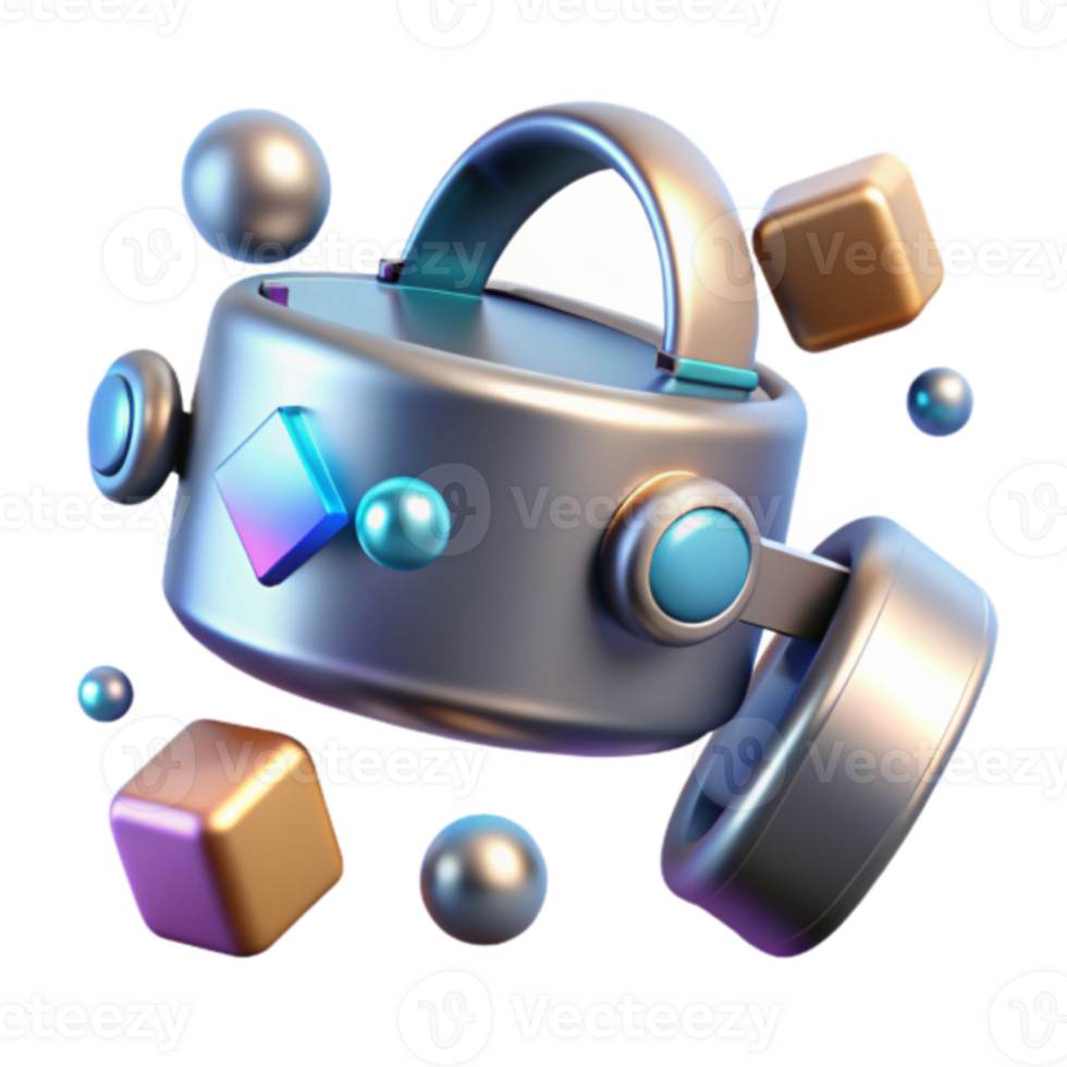 Abstract 3D Render of Metallic Object with Floating Geometric Shapes png