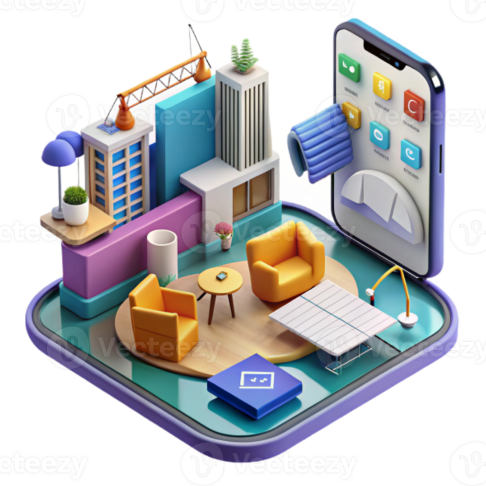 3D Isometric Illustration Smart Home App Interface Design Modern Building Cityscape png