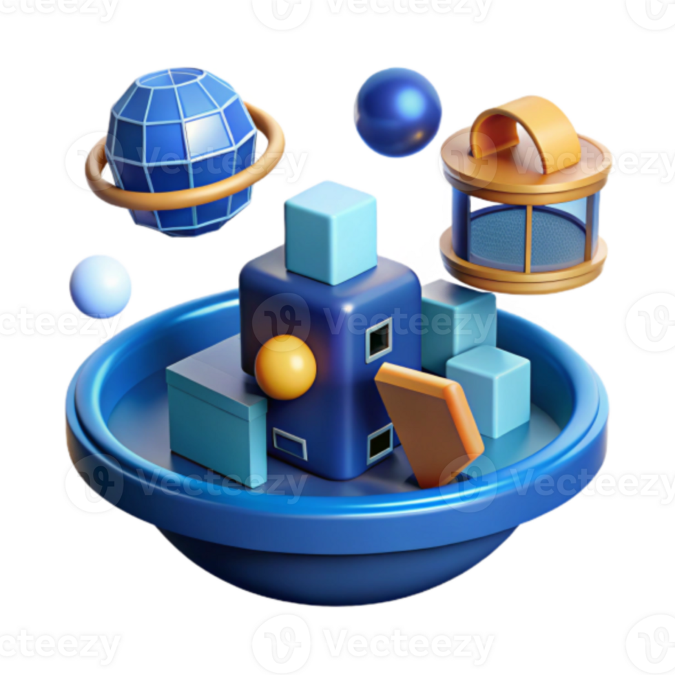 Abstract 3D Render of Floating Geometric Shapes and Celestial Elements png