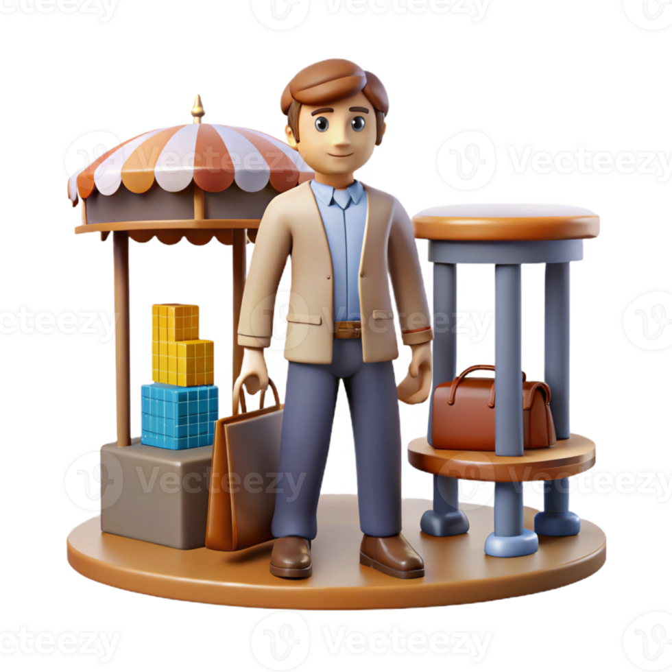 3D Render Man with Luggage at a Kiosk A realistic 3D render of a man with luggage at a kiosk, capturing the essence of travel and modern life. png