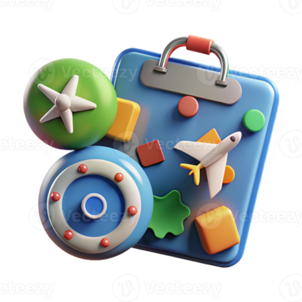 Vibrant 3D Render of Travel Suitcase with Airplane and Colorful Shapes png