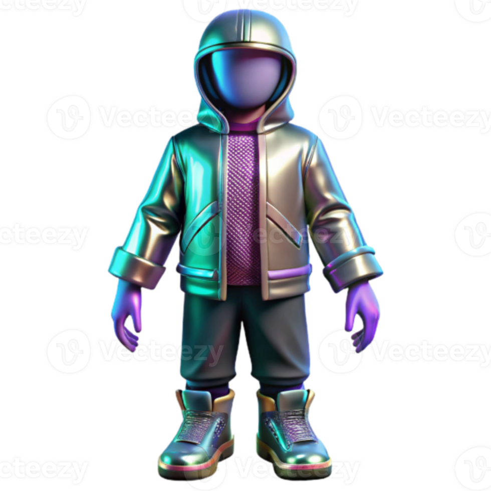 Iridescent 3D Render of a Hooded Figure in Stylish Apparel png