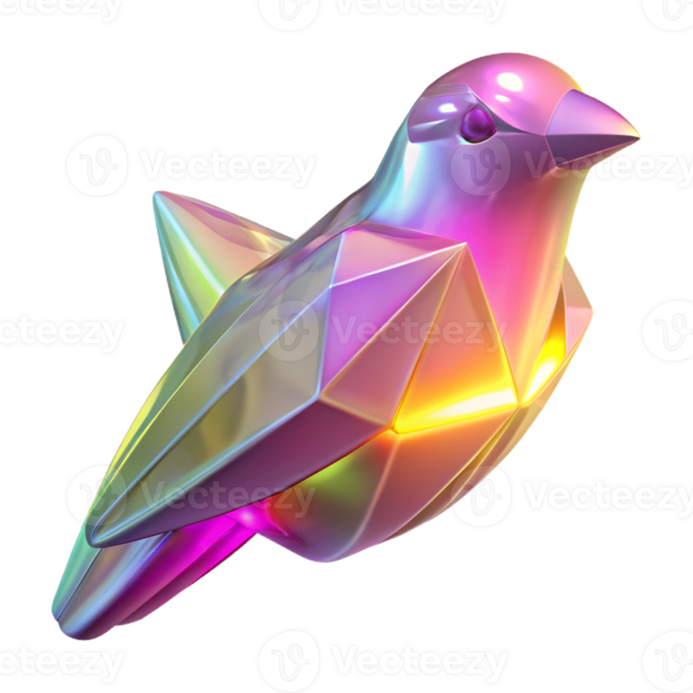 Iridescent Geometric Bird Sculpture A radiant bird crafted in geometric shapes, its feathers shimmering with iridescent colors. png