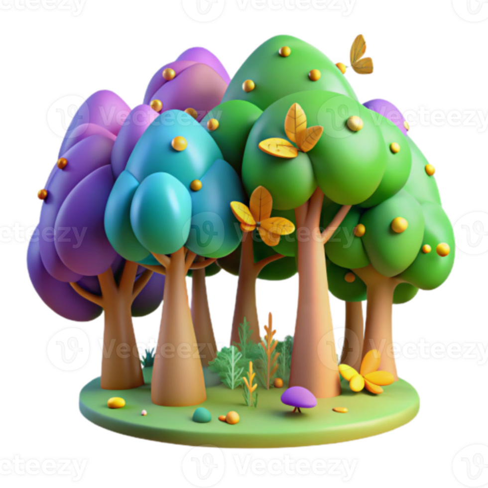 Vibrant 3D Render of Cartoon Trees in a Lush Grove png