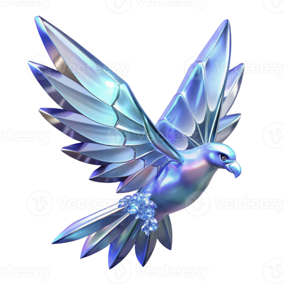 Iridescent Bird Crystal Wings A radiant bird with wings crafted from crystals, its feathers shimmering with iridescent colors in a digital world. png