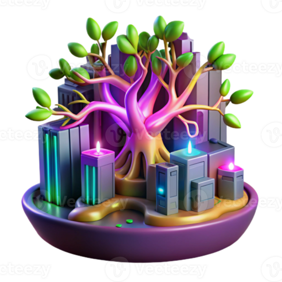 Vibrant 3D Render of a Bonsai Tree in a Futuristic Cityscape png