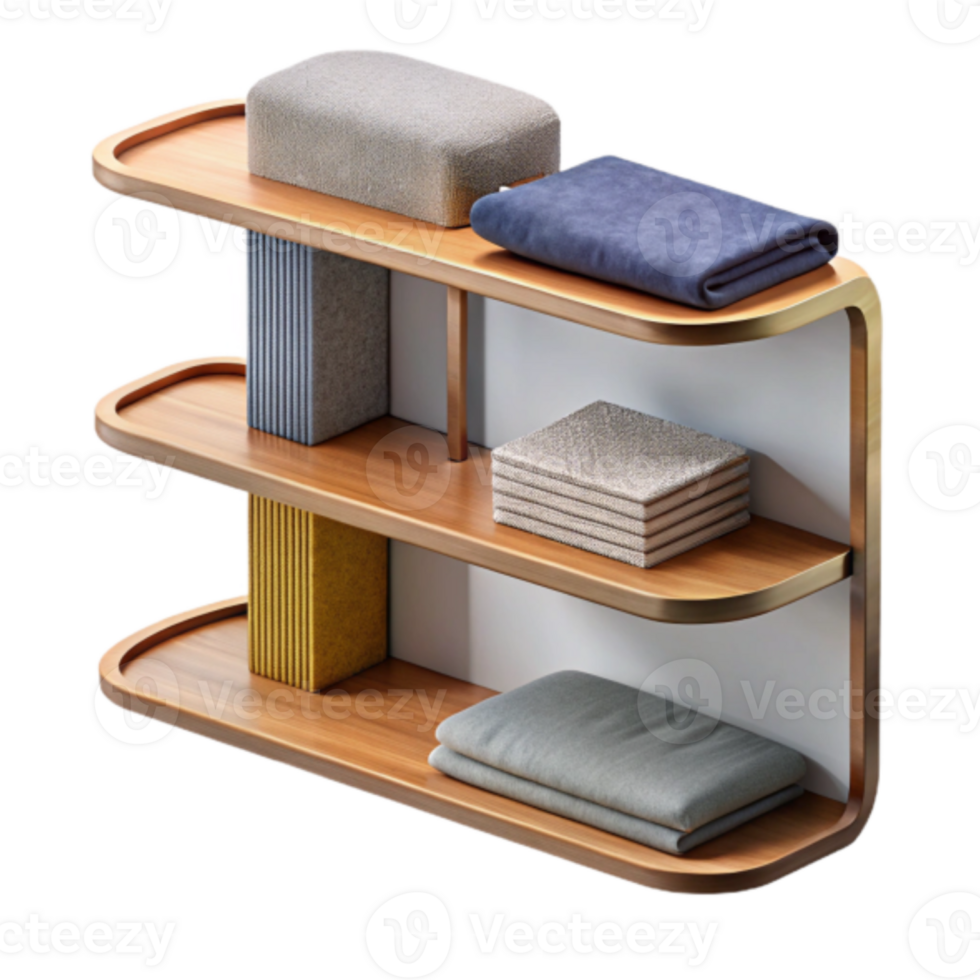 3D Render of Modern Wooden Shelf with Folded Textiles and Fabric Samples png