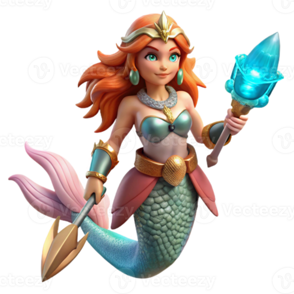 3D Render of a Fantasy Mermaid Princess with a Trident and Magical Staff png