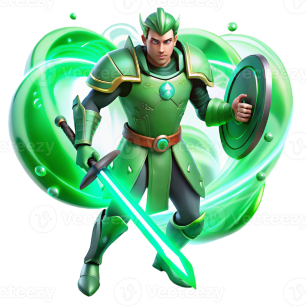 Green Knight 3D Illustration Fantasy Warrior with Sword and Shield png