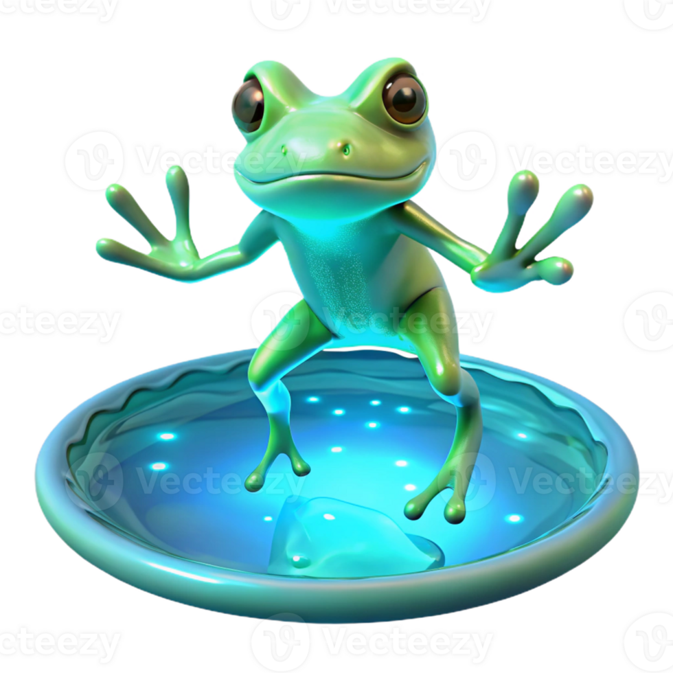 3D Frog in Glowing Water A serene depiction of a frog navigating glowing water, brought to life in a stunning three-dimensional render. png