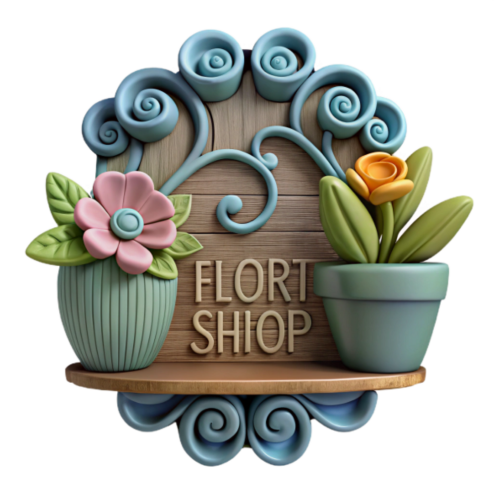 Whimsical 3D Render of a Flower Shop Sign with Planters png