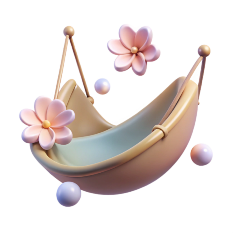 3D Render of a Crescent Cradle with Pink Flowers and Pearls png