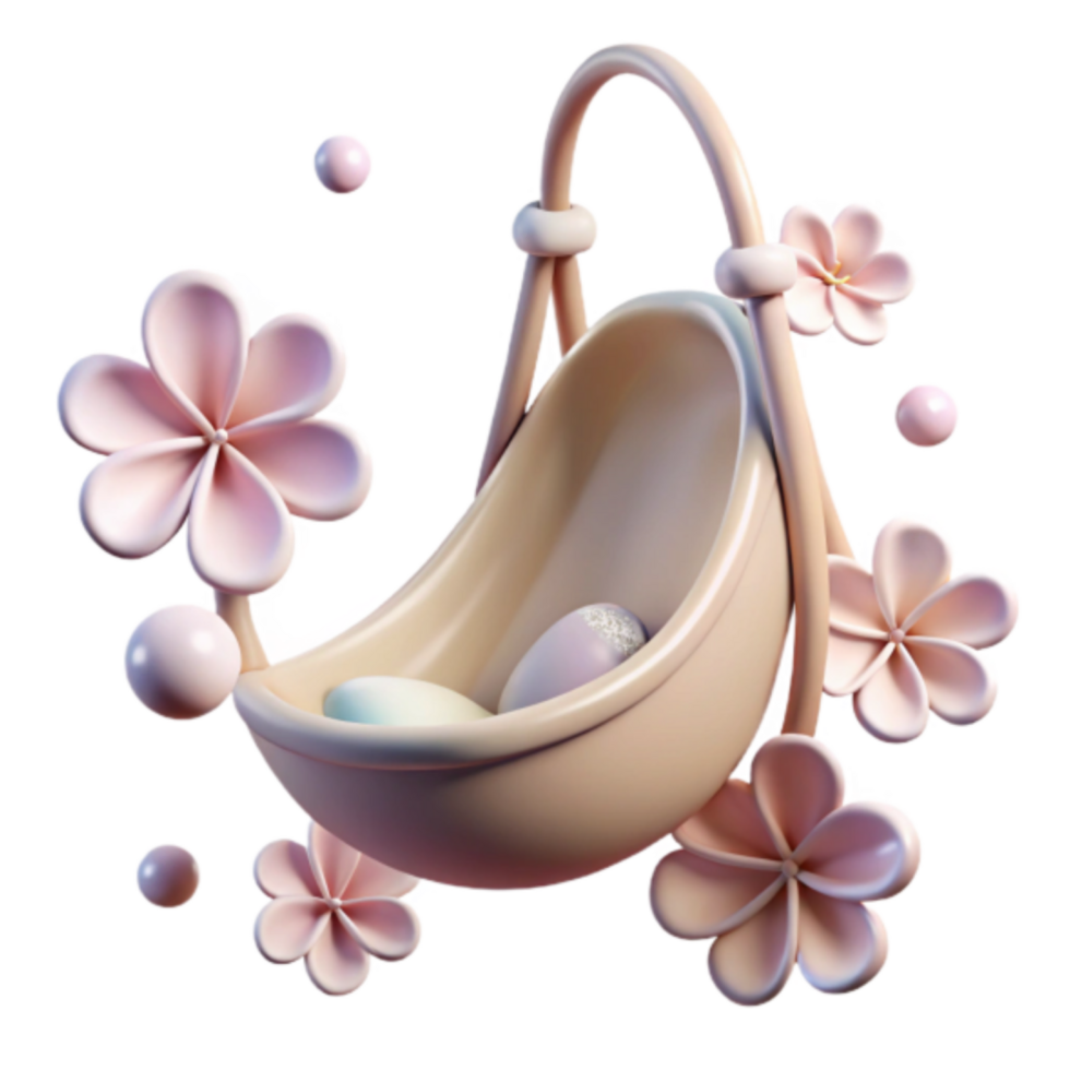 Pastel Pink Cradle 3D Render Illustration with Flowers and Eggs png