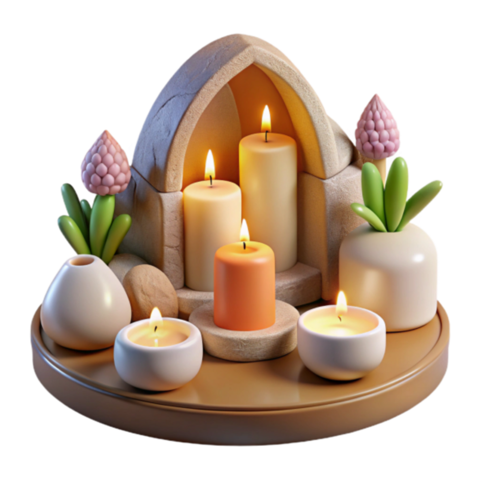 Serene 3D Render of Lit Candles and Flowers on a Tray png