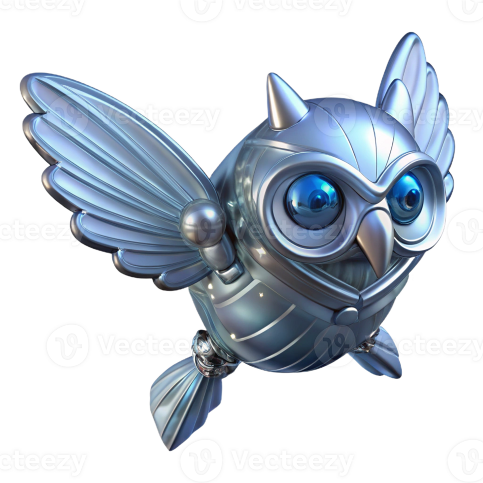 Metallic Owl Robot in Flight A futuristic owl robot soaring through the skies, its metallic feathers glinting in the light. png