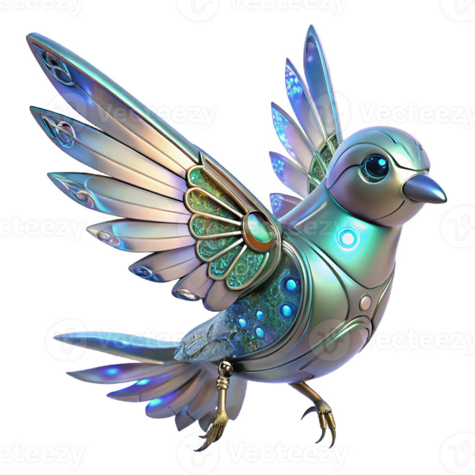 Metallic Avian Robot Futuristic Design in a Visionary Three Dimensional Scene of Innovation png