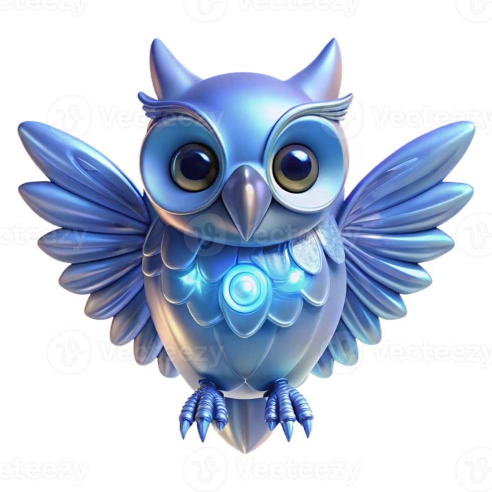 Metallic Owl 3D Render A futuristic owl crafted in a metallic design, navigating the digital sky in a stunning three-dimensional render. png