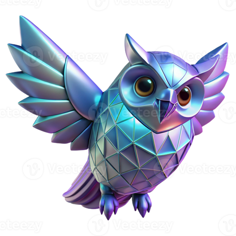 Geometric Owl 3D Render A dynamic depiction of an owl crafted in geometric shapes, captured in a stunning three-dimensional render. png