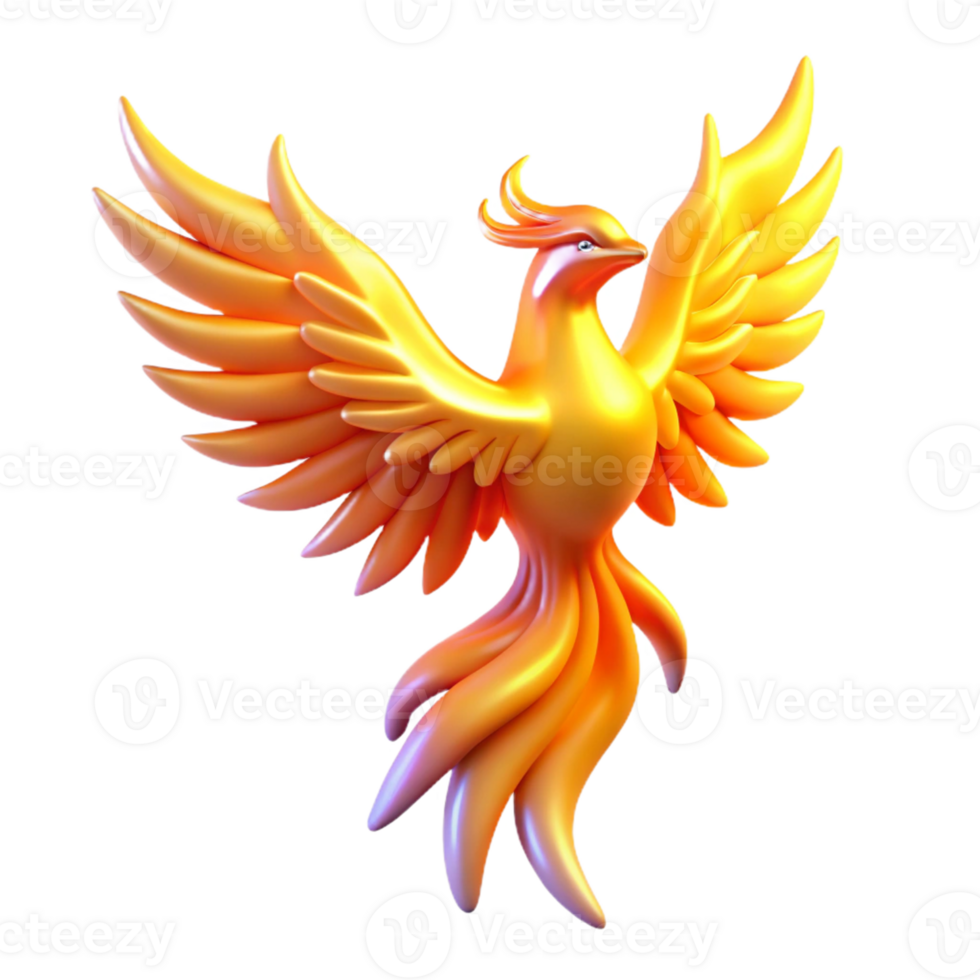 Golden Phoenix Mythical Bird 3D Render A majestic phoenix navigating the digital sky, its feathers glowing with vibrant colors in a stunning render. png