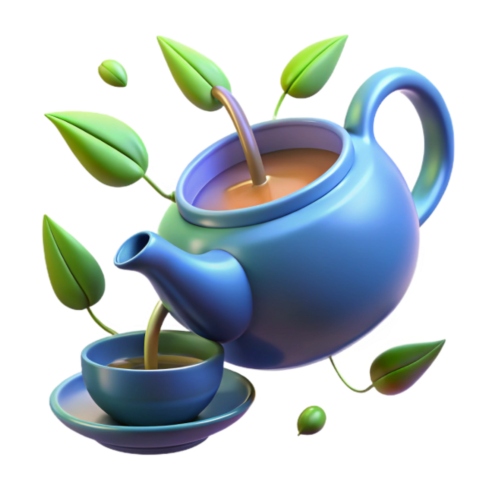 3D Illustration Teapot Pouring Tea Leaves into Cup png