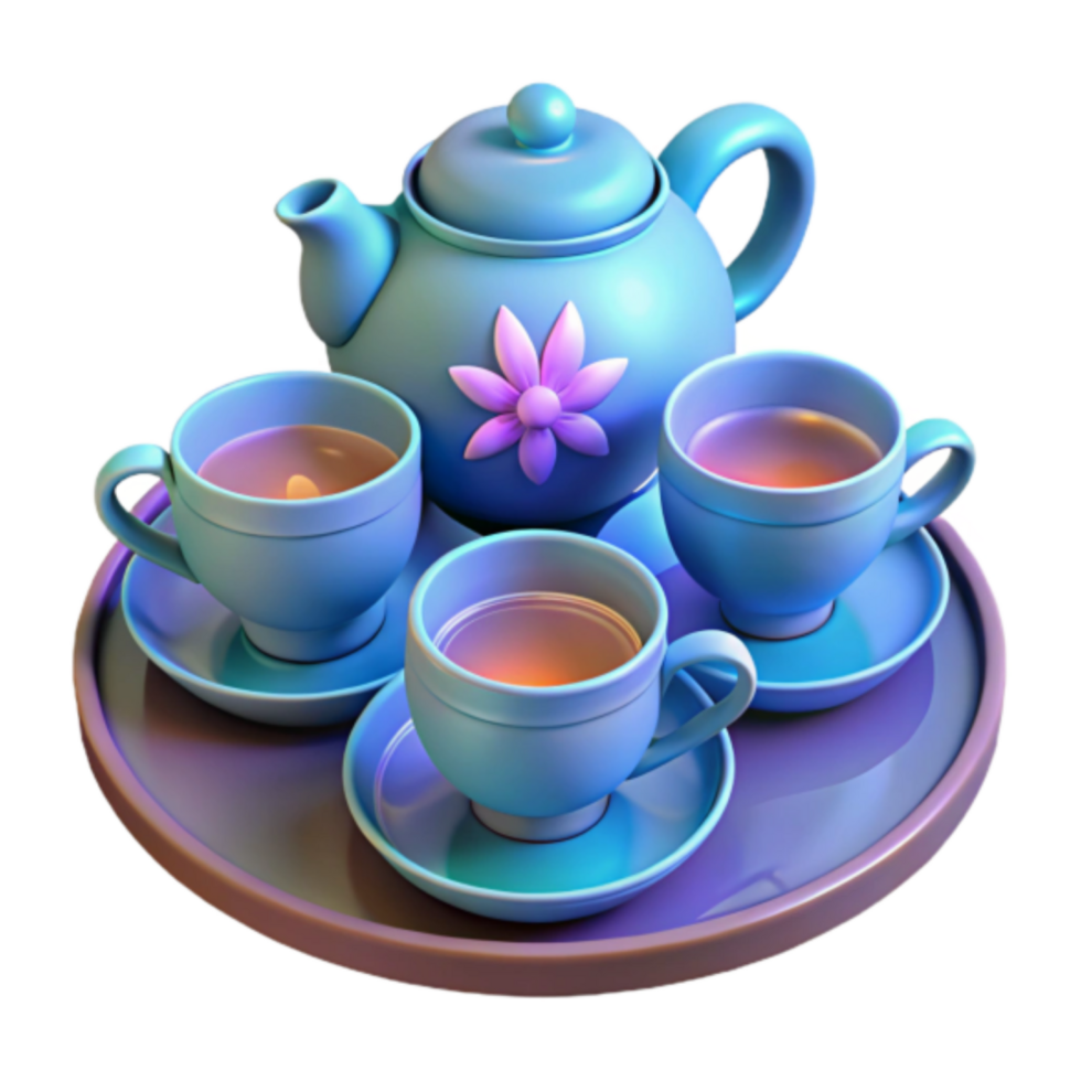 3D Render of a Tea Set Blue Teapot and Cups on Tray png