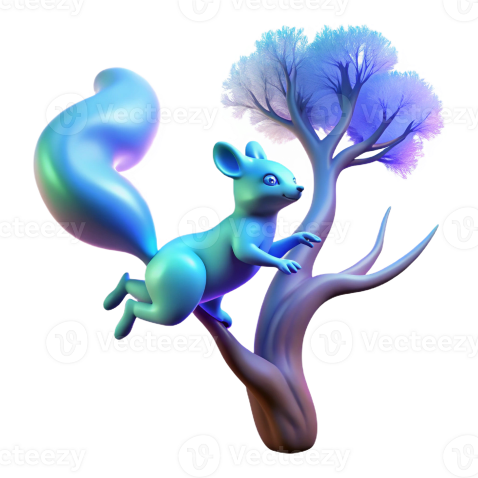 Blue Squirrel on Fantasy Tree in a Whimsical Three Dimensional Scene of Nature png