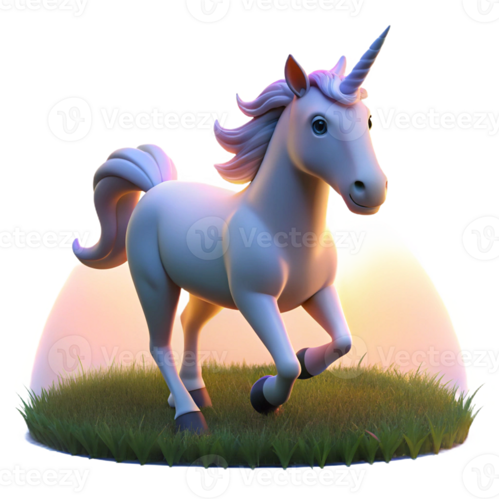Magical Unicorn in Sunset Meadow A serene 3D render of a unicorn in a meadow at sunset, capturing the magic and tranquility of the scene. png