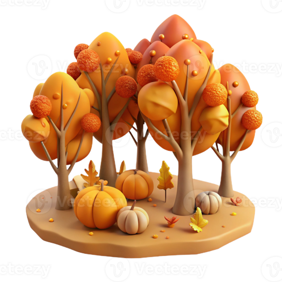 Autumn Scene Pumpkins Trees A serene 3D render of an autumn scene with pumpkins and trees, capturing the essence of the season and its natural beauty. png