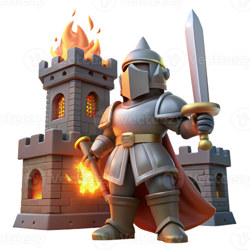 Knight, Burning Castle, Epic Battle A dynamic depiction of a knight navigating a burning castle, ready for battle in a digital world. png