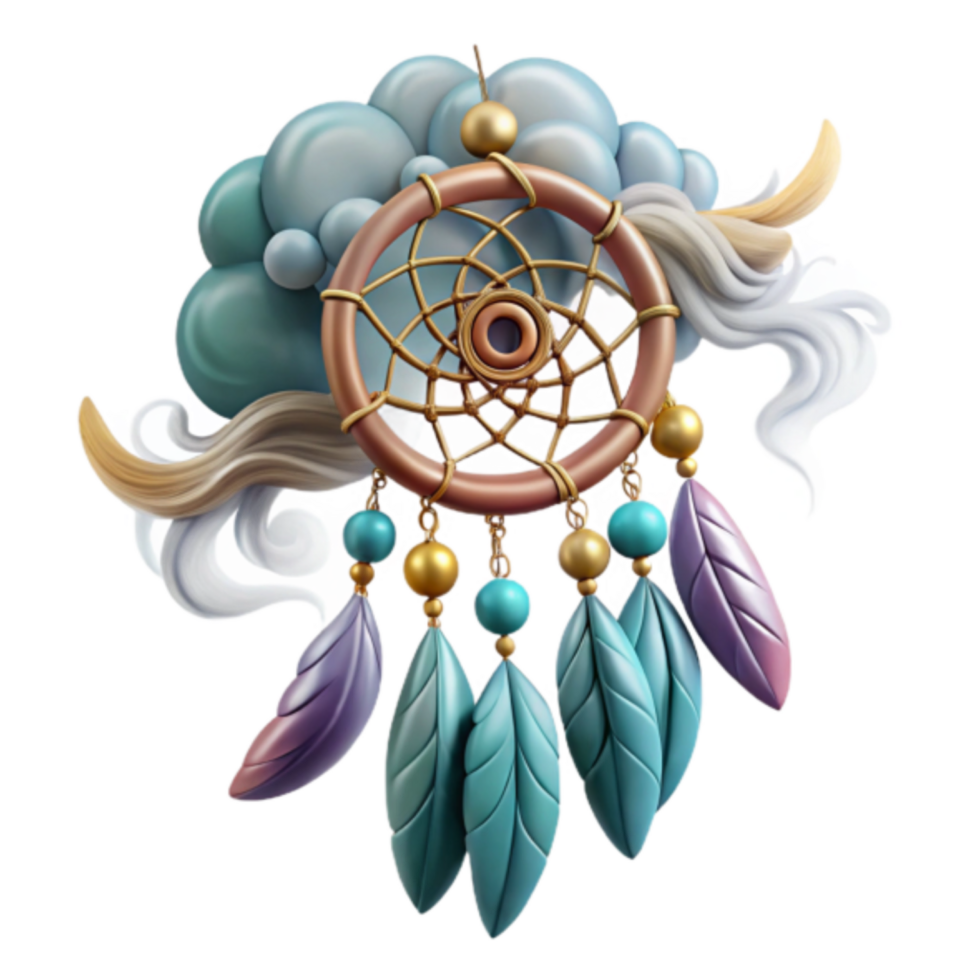 Dreamcatcher 3D Illustration Teal Feathers Gold Beads Clouds png