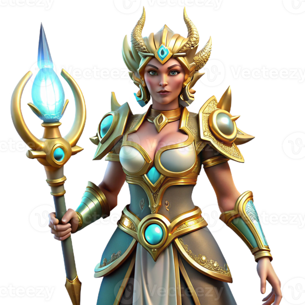 Golden Goddess Fantasy 3D Render A majestic 3D render of a golden goddess, capturing her divine presence and ethereal beauty. png