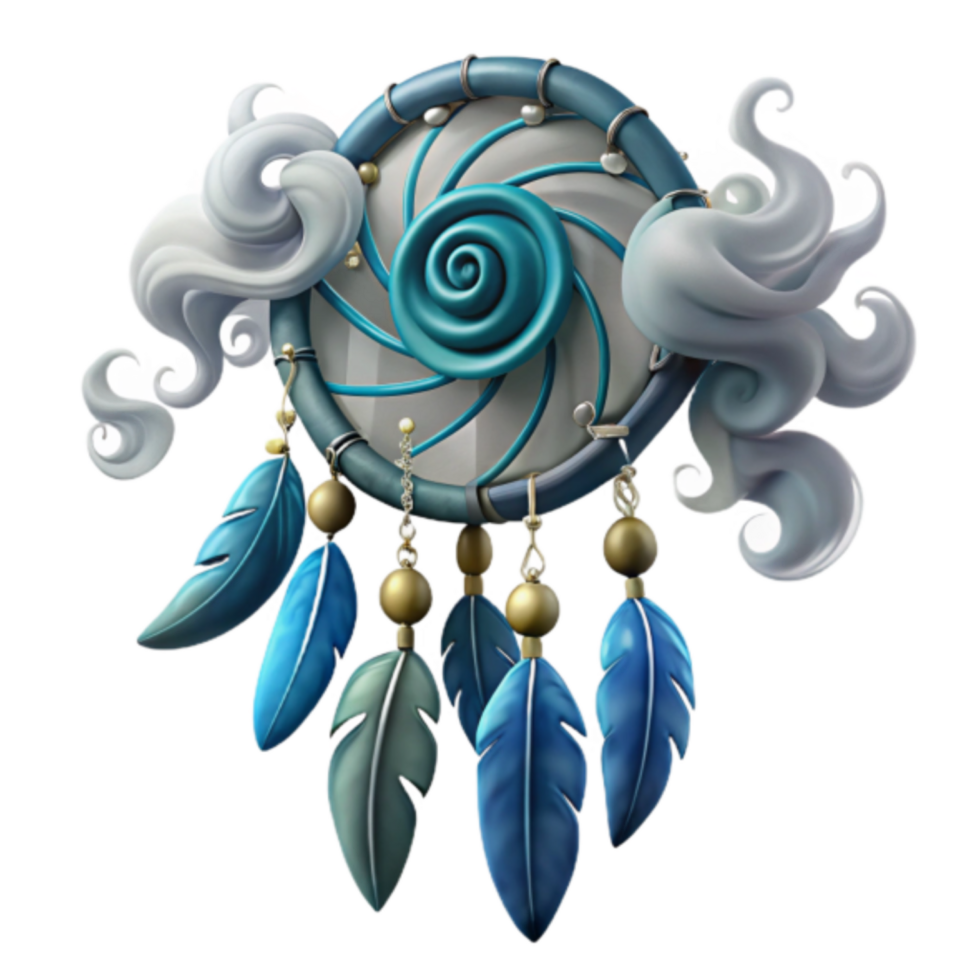 Dreamcatcher Illustration Teal and Gray Swirls Feathers Beads 3D Render png