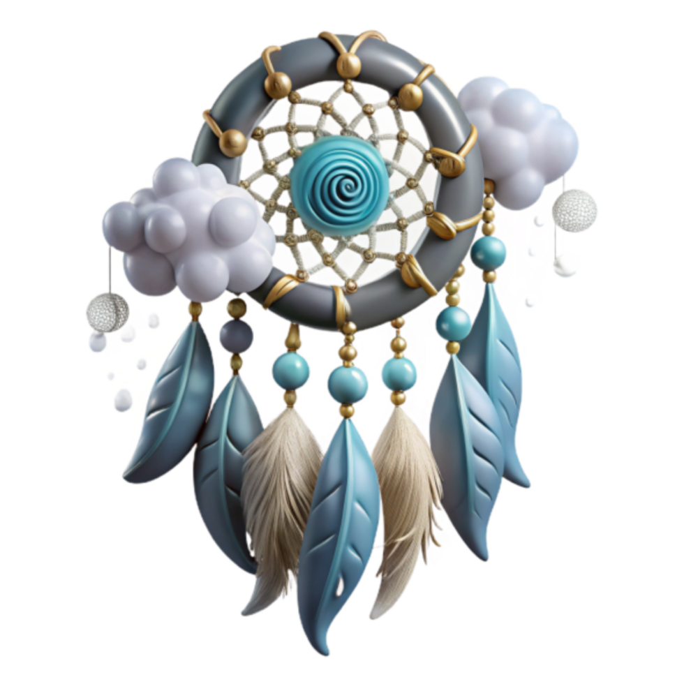 3D Render Dreamcatcher Illustration with Clouds and Feathers png