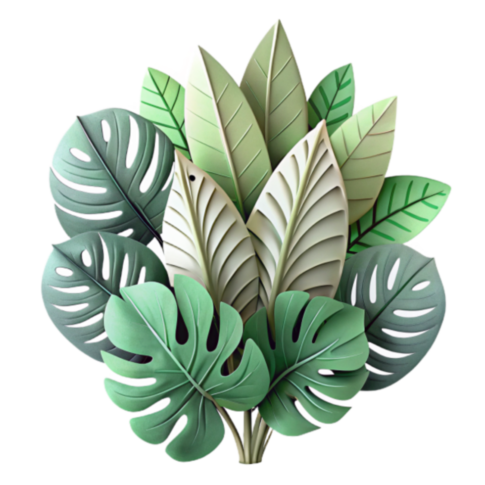 Vibrant 3D Render of Tropical Leaves, Lush Greenery Illustration, Exotic Foliage Background png