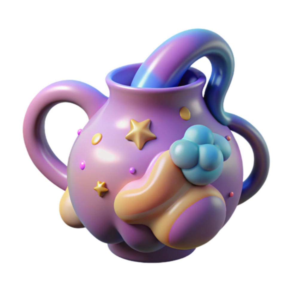 3D Render of a Whimsical Purple Water Pitcher with Stars and Abstract Shapes png