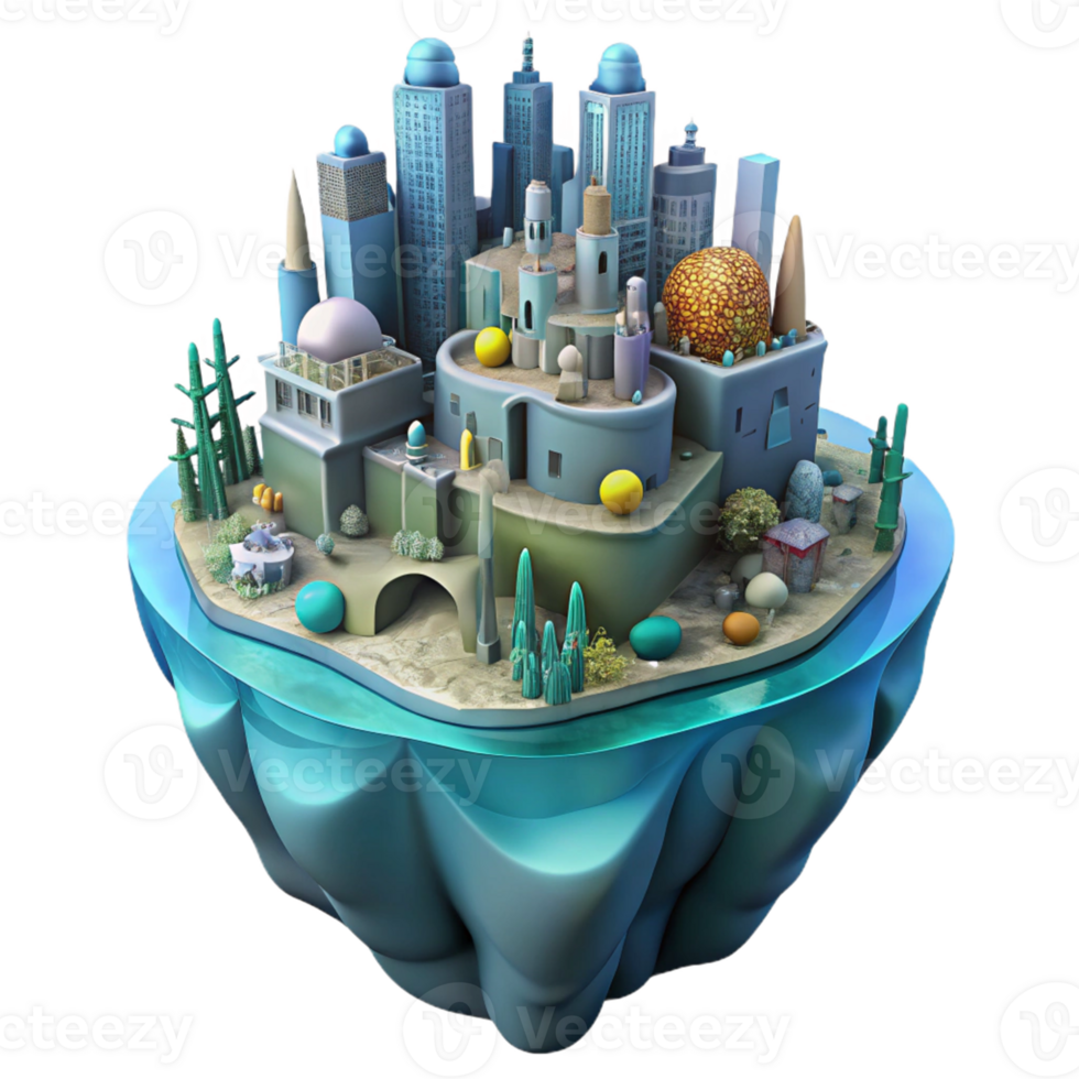 Floating City as an Architectural Fantasy in a Visionary Three Dimensional Scene of Urban Design png