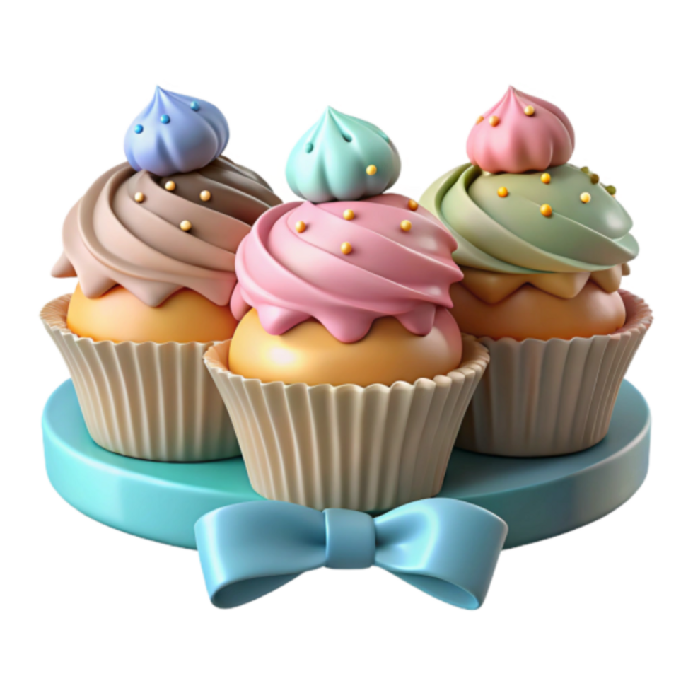 Delightful 3D Render of Three Cupcakes with Pastel Frosting png