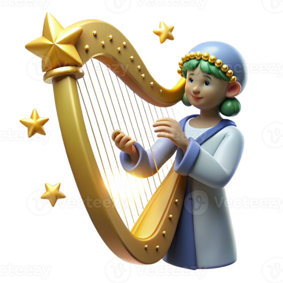 Harpist Angel with Stars in a Mystical Setting with Enchanting Atmosphere png