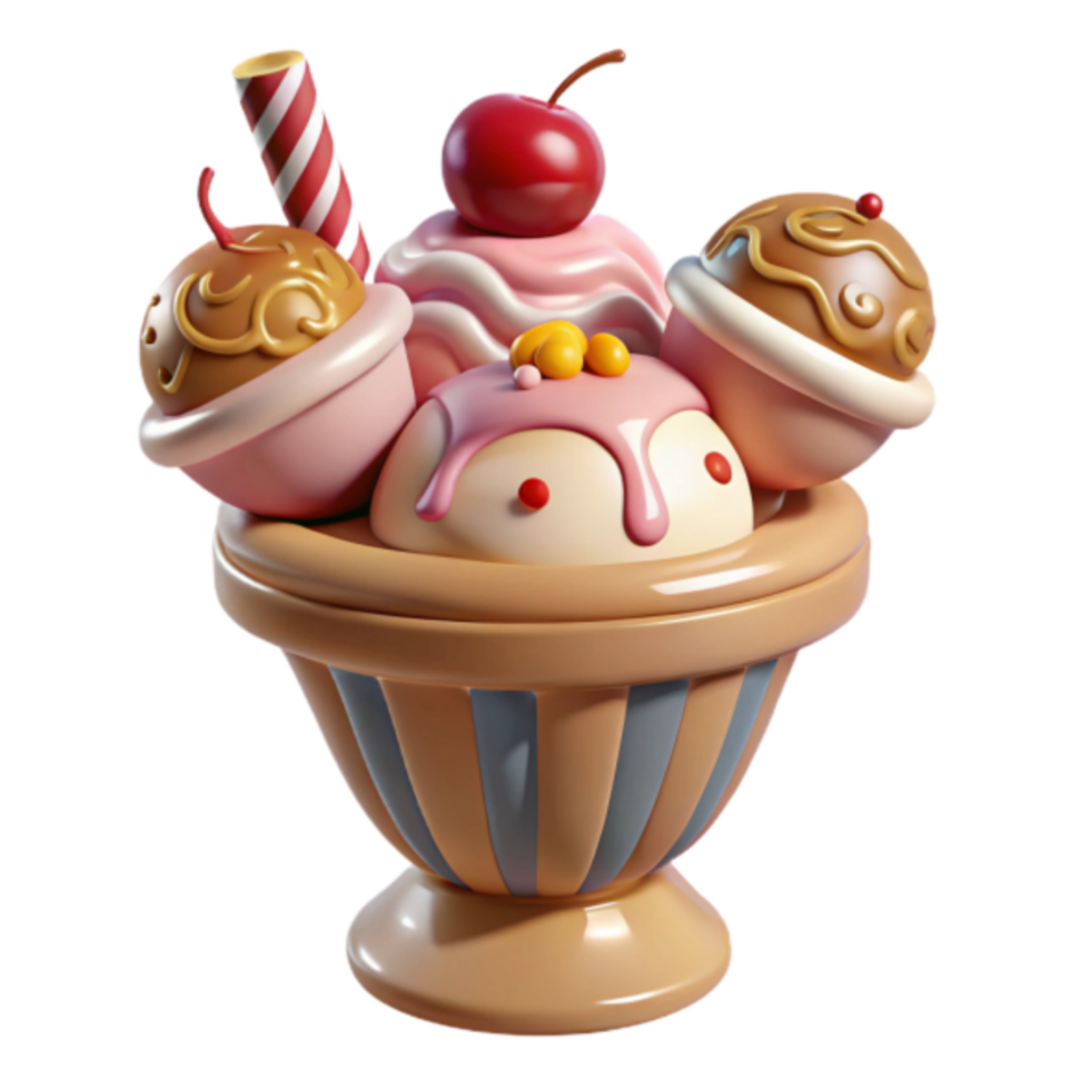 Sweet Treat 3D Render of Delicious Ice Cream Sundae in a Striped Bowl png