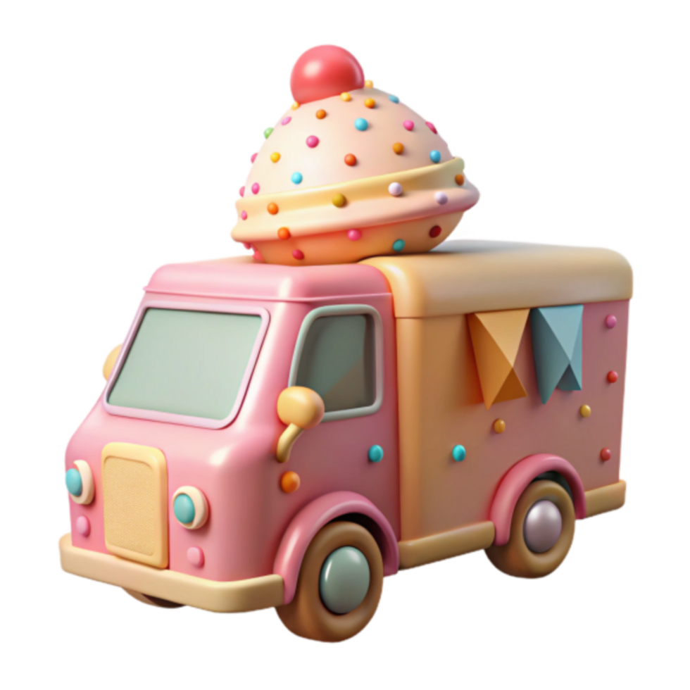 Pink Cartoon Ice Cream Truck 3D Render png