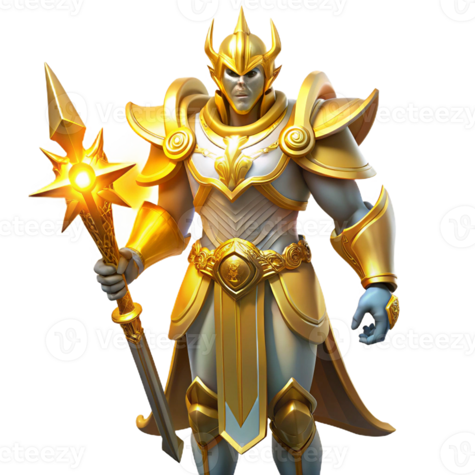 Golden Warrior with Star Staff in a Majestic Three Dimensional Scene of Adventure png