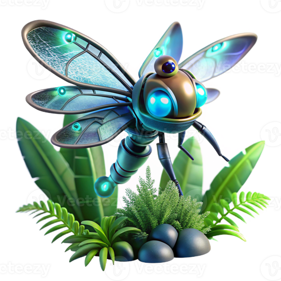 Cybernetic Dragonfly in a Jungle of Futuristic Design png