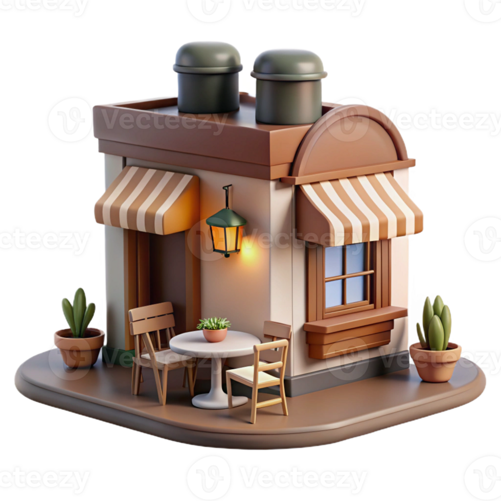 Cozy Cafe Exterior Three Dimensional Render with Playful Expression and Enchanting Atmosphere png