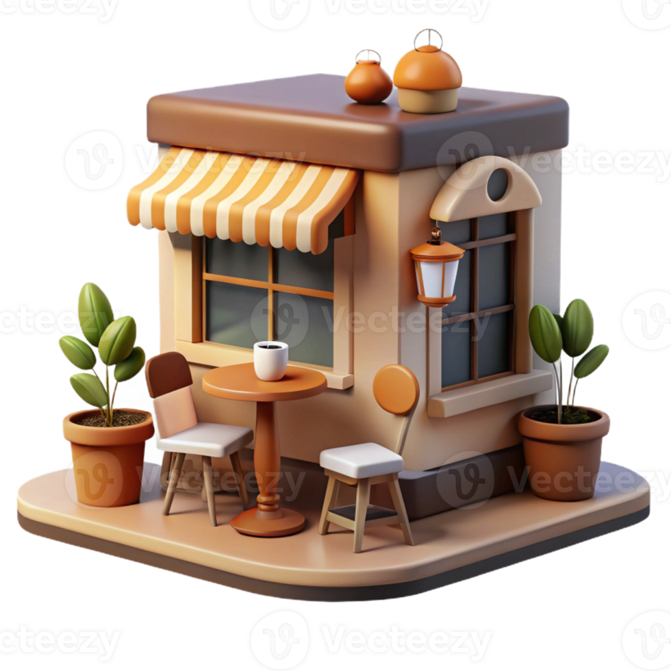 Cute Cafe Shop Three Dimensional Render with Playful Expression and Enchanting Atmosphere png