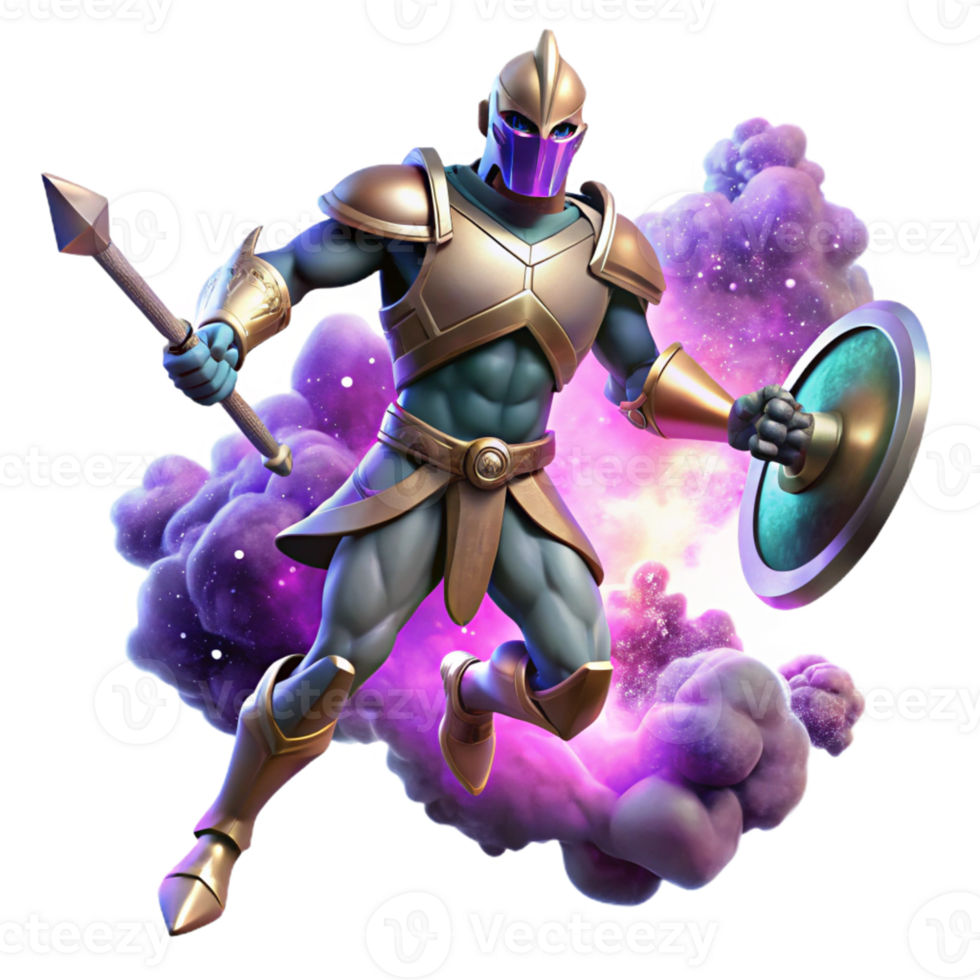 Cosmic Warrior Shield Spear and Galaxy - A dynamic depiction of a warrior with a shield and spear amidst a galaxy capturing the essence of cosmic adventure and fantasy png
